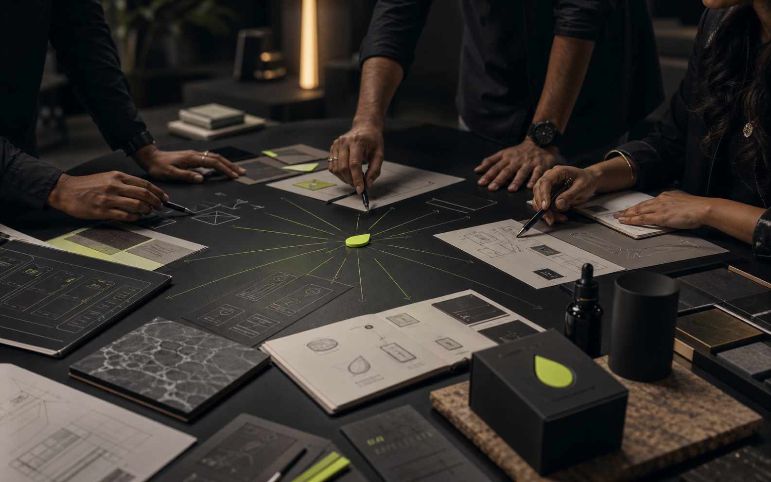 Creative team developing a brand system from one promising idea